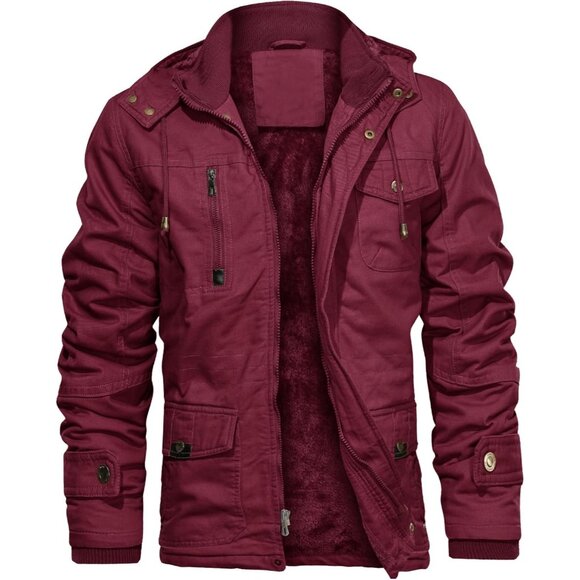Mens Wine Red Thick Winter Jacket Hooded Fleece Lined Cotton Military Coat - Picture 1 of 6